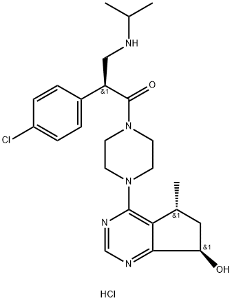 GDC 0068  (Hydrochloride)|(2S)-2-(4-氯苯基)-1-[4-[(5R,7R)-6,7-二氢-7-羟基-5-甲基-5H-环戊并嘧啶-4-基]-1-哌嗪基]-3-[(1-甲基乙基)氨基]-1-丙酮二盐酸盐