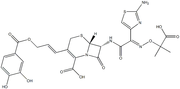 7-(2-(2-aminothiazol-4-yl)- 2-(1-carboxyl-1-methylethoxyimino)acetamido)-3-(3-(3,4-dihydroxybenzoyloxy)-1-propen-1-yl)-3-cephem-4-carboxylic acid Struktur