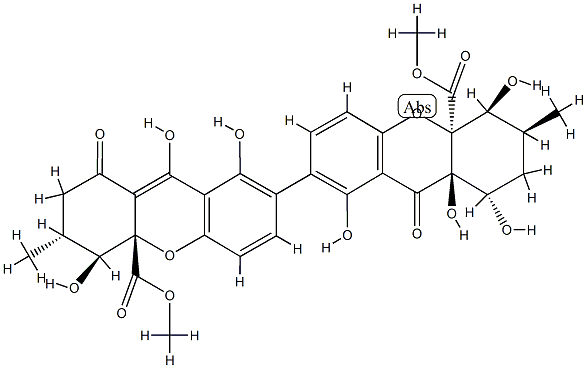 (1S,3'R,4'S,4'aS)-1,2,2',3,3',4,4',9,9',9a-Decahydro-1,1',4α,4',8,8',9aα-heptahydroxy-3α,3'-dimethyl-9,9'-dioxo-7,7'-bi(4aH-xanthene)-4aβ,4'a-dicarboxylic acid dimethyl ester Struktur
