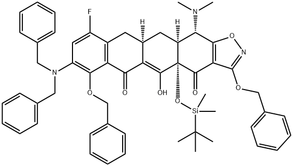 (4AS,11AR,12AS,13S)-3,7-BIS(BENZYLOXY)-4A-((TERT-BUTYLDIMETHYLSILYL)OXY)-8-(DIBENZYLAMINO)-13-(DIMETHYLAMINO)-10-FLUORO-5-HYDROXY-11A,12,12A,13-TETRAHYDROTETRACENO[2,3-D]ISOXAZOLE-4,6(4AH,11H)-DIONE, 1431558-60-9, 结构式