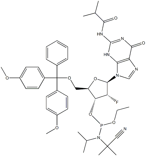 5'-O-[二(4-甲氧基苯基)苯基甲基]-2'-脱氧-2'-氟-N-(2-甲基-1-氧代丙基)鸟苷 3'-[2-氰基乙基 N,N-二异丙基氨基亚磷酸酯],144089-97-4,结构式