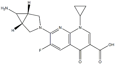 1-シクロプロピル-6-フルオロ-7-[(1α,5α)-6α-アミノ-3-アザビシクロ[3.1.0]ヘキサン-3-イル]-1,4-ジヒドロ-4-オキソ-1,8-ナフチリジン-3-カルボン酸 化学構造式