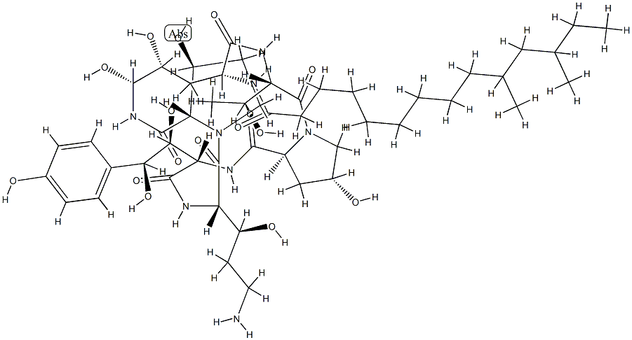 シクロ[L-Thr-4β-ヒドロキシ-L-Pro-[(4S)-4-ヒドロキシ-4-(4-ヒドロキシフェニル)-L-Thr-]-[(3S)-3-ヒドロキシ-L-Orn-]-3β-ヒドロキシ-L-Pro-[(4R,5R)-4,5-ジヒドロキシ-N2-(10,12-ジメチル-1-オキソテトラデシル)-L-Orn*-]] 化学構造式