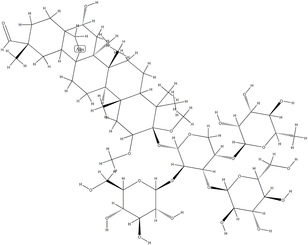 3-O-(L-rhamnopyranosyl-1-4-glucopyranosyl-1-2-(glucopyranosyl-1-4)-arabinopyranoside)-16-hydroxy-13,28-epoxy-30,30-dimethoxyoleane Structure