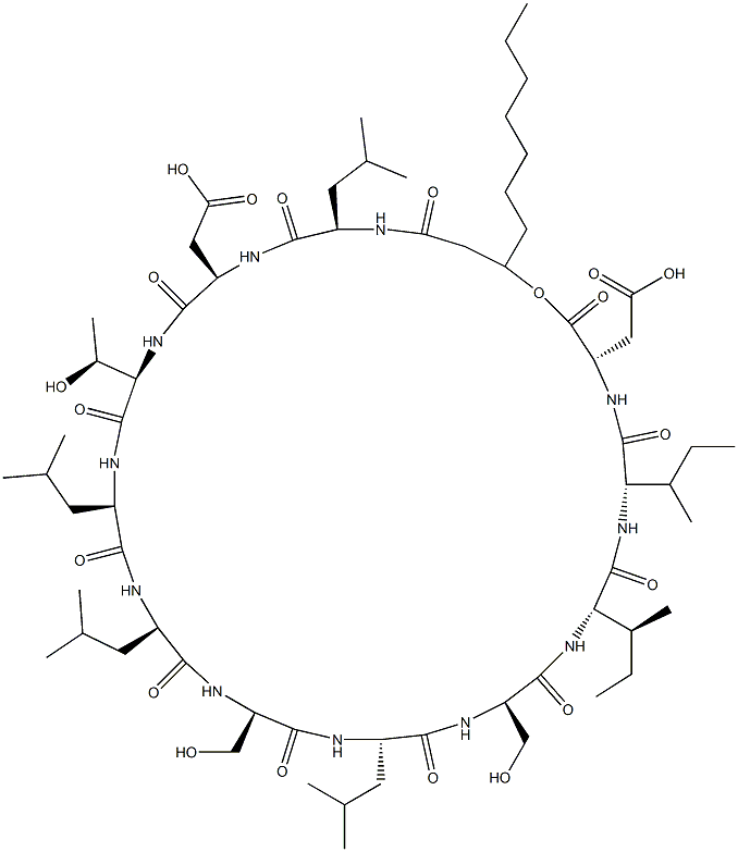 2-[(3S,6S,9S,12R,15S,18R,21R,24R,27R,30R,33R)-6,9-ビス[(2S)-ブタン-2-イル]-3-(カルボキシメチル)-37-ヘプチル-27-[(1S)-1-ヒドロキシエチル]-12,18-ビス(ヒドロキシメチル)-15,21,24,33-テトラキス(2-メチルプロピル)-2,5,8,11,14,17,20,23,26,29,32,35-ドデカオキソ-1-オキサ-4,7,10,13,16,19,22,25,28,31,34-ウンデカアザシクロヘプタトリアコンタン-30-イル]酢酸 化学構造式