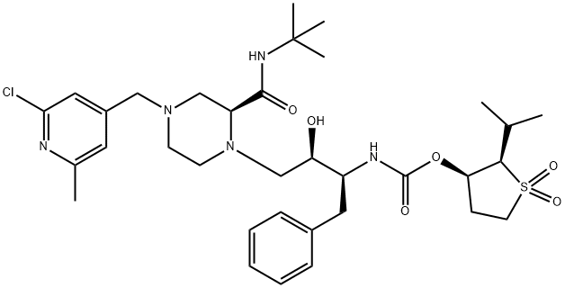 Carbamic acid, [3-[4-[(2-chloro-6-methyl-4-pyridinyl)methyl]-2-[[(1,1- dimethylethyl)amino]carbonyl]-1-piperazinyl]-2-hydroxy-1-(phenylmethyl )propyl]-, tetrahydro-2-(1-methylethyl)-1,1-dioxido-3-thienyl ester, [ 2R-[2a,3a[1S*,2R*,3(S*)]]]-|化合物 T32480