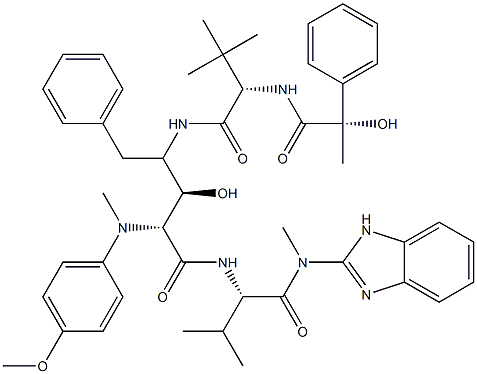 (2R,3S,4S)-N-[2-(4-Methoxybenzylamine)-4-[[N-[[((S)-phenyllactoyl))ter t-leucine]amino]-3-hydroxy- 5-phenylpentanoyl]valine (2-benzimidazolyl )methylamide Structure