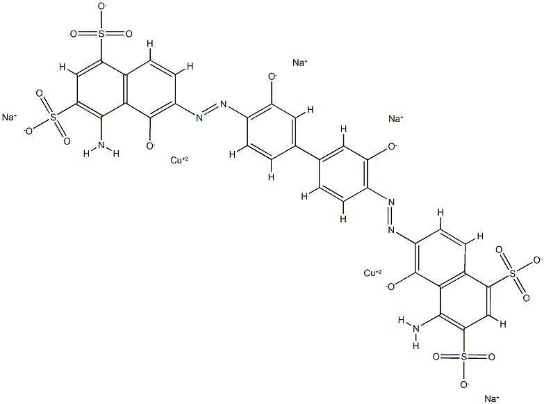 tetrasodium [mu-[[6,6'-[(3,3'-dihydroxy[1,1'-biphenyl]-4,4'-diyl)bis(azo)]bis[4-amino-5-hydroxynaphthalene-1,3-disulphonato]](8-)]]dicuprate(4-) Structure