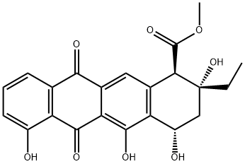 (±)-2-エチル-1,2,3,4,6,11-ヘキサヒドロ-2,4,5,7-テトラヒドロキシ-6,11-ジオキソ-1-ナフタセンカルボン酸メチル 化学構造式