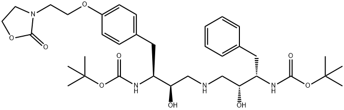 12-Oxa-2,6,10-triazatetradecanoic acid, 4,8-dihydroxy-13,13-dimethyl-1 1-oxo-3-[[4-[2-(2-oxo-3-oxazolidinyl)ethoxy]phenyl]methyl]-9-(phenylme thyl)-, 1,1-dimethylethyl ester, [3S-(3R*,4S*,8S*,9R*)]-,162540-90-1,结构式