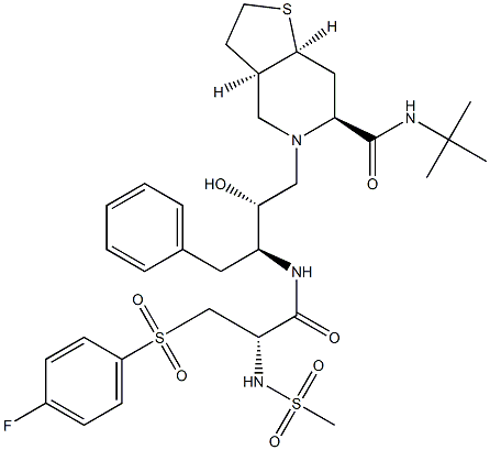 Thieno[3,2-c]pyridine-6-carboxamide, N-(1,1-dimethylethyl)-5-[3-[[3-[( 4-fluorophenyl)sulfonyl]-2-[(methylsulfonyl)amino]-1-oxopropyl]amino]- 2-hydroxy-4-phenylbutyl]octahydro-, [3aR-[3aa,5[2R*,3S*(S*)],6b,7aa]]- Structure