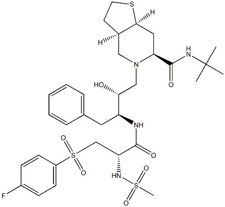 Thieno[3,2-c]pyridine-6-carboxamide, N-(1,1-dimethylethyl)-5-[3-[[3-[( 4-fluorophenyl)sulfonyl]-2-[(methylsulfonyl)amino]-1-oxopropyl]amino]- 2-hydroxy-4-phenylbutyl]octahydro-, [3aR-[3aa,5[2R*,3S*(S*)],6b,7aa]]- 结构式