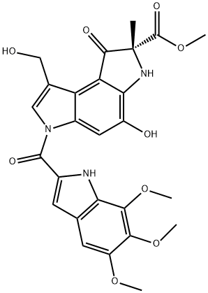 Benzo1,2-b:4,3-bdipyrrole-2-carboxylic acid, 1,2,3,6-tetrahydro-4-hydroxy-8-(hydroxymethyl)-2-methyl-1-oxo-6-(5,6,7-trimethoxy-1H-indol-2-yl)carbonyl-, methyl ester, (2R)- Structure