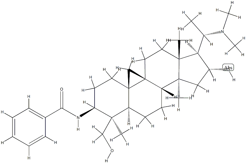 N-[(20S)-4,14-ジメチル-20-(ジメチルアミノ)-16α-ヒドロキシ-4β-(ヒドロキシメチル)-9β,19-シクロ-5α-プレグナン-3β-イル]ベンズアミド 化学構造式