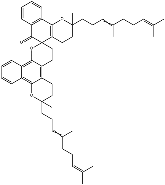 2',7-Bis(4,8-dimethyl-3,7-nonadienyl)-3',4,4',5,6,7-hexahydro-2',7-dimethylspiro[naphtho[1,2-b:4,3-b']dipyran-2(3H),5'-[5H]naphtho[1,2-b]pyran]-6'(2'H)-one Struktur
