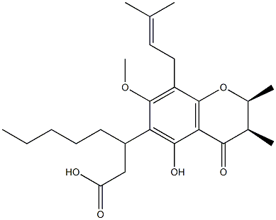 (2S,βR)-3,4-Dihydro-5-hydroxy-7-methoxy-2,3β-dimethyl-8-(3-methyl-2-butenyl)-4-oxo-β-pentyl-2H-1-benzopyran-6-propionic acid Struktur