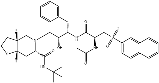 (1S,3S,6R)-4-[(2R,3S)-3-[[(2S)-2-acetamido-3-naphthalen-2-ylsulfonyl-p ropanoyl]amino]-2-hydroxy-4-phenyl-butyl]-N-tert-butyl-9-thia-4-azabic yclo[4.3.0]nonane-3-carboxamide Struktur