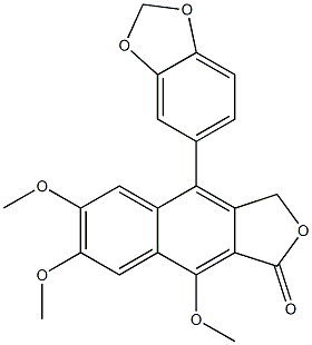 4-(1,3-ベンゾジオキソール-5-イル)-6,7,9-トリメトキシナフト[2,3-c]フラン-1(3H)-オン 化学構造式