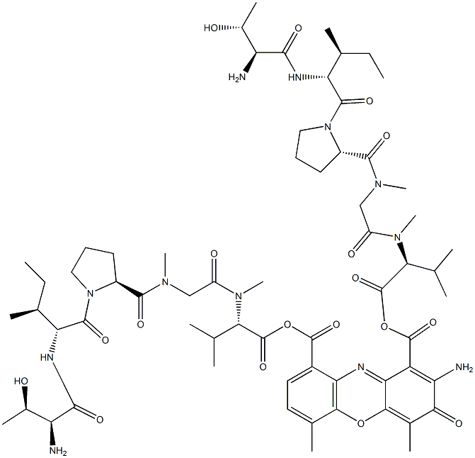 アクチノシンジオイルビス(L-Thr-D-aIle-L-Pro-N-メチルGly-N-メチル-L-Val-OH) 化学構造式