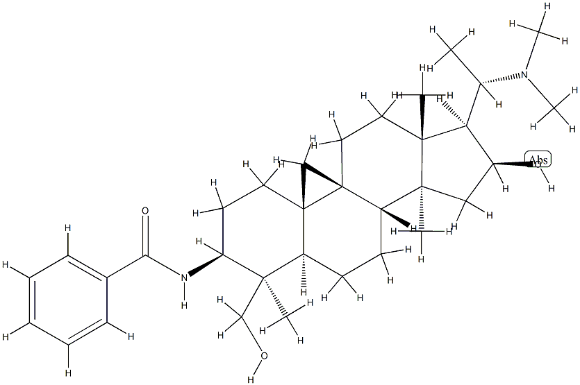 N-[(20S)-4,14-ジメチル-20-(ジメチルアミノ)-16β-ヒドロキシ-4β-(ヒドロキシメチル)-9β,19-シクロ-5α-プレグナン-3β-イル]ベンズアミド 化学構造式