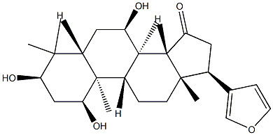 (13α,17α)-21,23-エポキシ-1α,3α,7α-トリヒドロキシ-4,4,8-トリメチル-24-ノル-5α-コラ-20,22-ジエン-15-オン 化学構造式