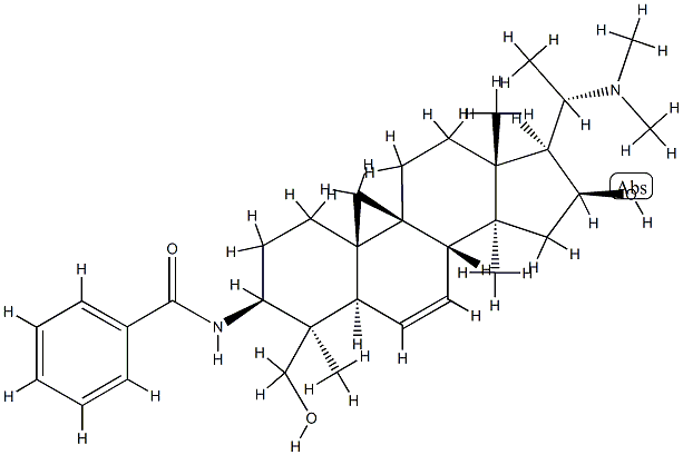 N-[(20S)-20-(ジメチルアミノ)-16β-ヒドロキシ-4β-(ヒドロキシメチル)-4,14-ジメチル-9,19-シクロ-5α-プレグナ-6-エン-3β-イル]ベンズアミド 化学構造式