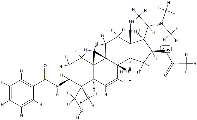 N-[(20S)-16β-アセトキシ-20-(ジメチルアミノ)-4β-(ヒドロキシメチル)-4,14-ジメチル-9,19-シクロ-5α-プレグナ-6-エン-3β-イル]ベンズアミド 化学構造式