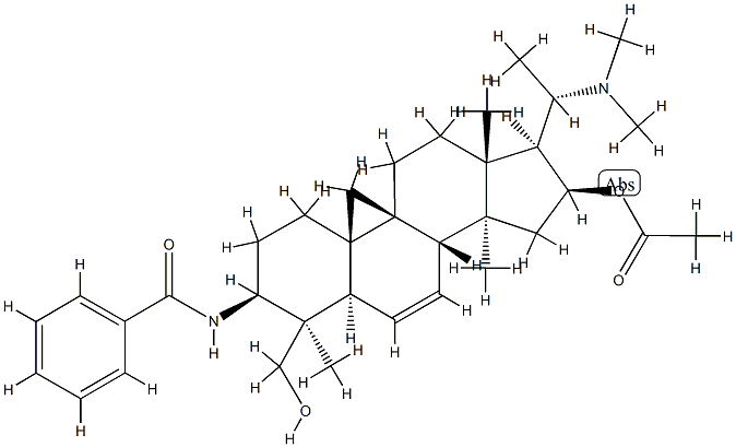 N-[(20S)-16β-Acetoxy-20-(dimethylamino)-4β-(hydroxymethyl)-4,14-dimethyl-9,19-cyclo-5α-pregn-6-en-3β-yl]benzamide 结构式