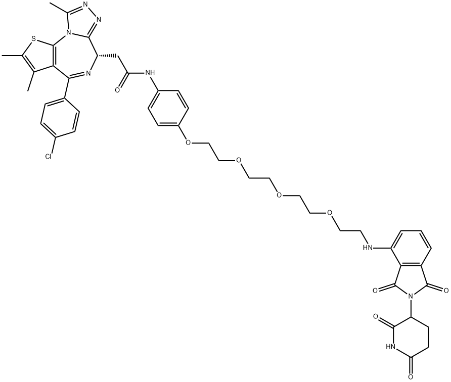 N-[4-[2-[2-[2-[2-[(1,3-ジオキソ-2-(2,6-ジオキソピペリジン-3-イル)-2H-イソインドール-4-イル)アミノ]エトキシ]エトキシ]エトキシ]エトキシ]フェニル]-6,9a-ジヒドロ-2,3,9-トリメチル-4-(4-クロロフェニル)-5,7,8,9a-テトラアザアズレノ[4,5-b]チオフェン-6α-アセトアミド 化学構造式