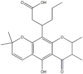 7,8-ジヒドロ-5-ヒドロキシ-2,2,7,8-テトラメチル-6-オキソ-β-プロピル-2H,6H-ベンゾ[1,2-b:5,4-b']ジピラン-10-プロピオン酸 化学構造式