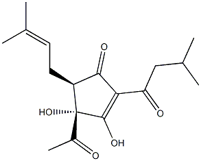 (4R)-4-Acetyl-3,4α-dihydroxy-5β-(3-methyl-2-butenyl)-2-(3-methyl-1-oxobutyl)-2-cyclopenten-1-one Struktur