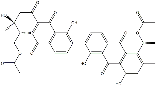 1',2',3',4',9,9',10,10'-オクタヒドロ-1,3'α,8,8'-テトラヒドロキシ-3,3'-ジメチル-4α,4'α-ジ[(R)-1-(アセチルオキシ)エチル]-1',9,9',10,10'-ペンタオキソ(7,7'-ビアントラセン) 化学構造式