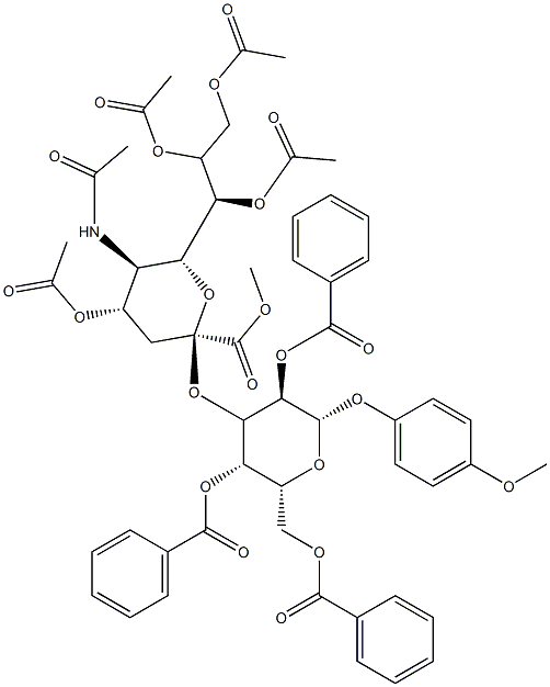 4-メトキシフェニル2,4,6-トリ-O-ベンゾイル-3-O-(5-アセトアミド-4,7,8,9-テトラ-O-アセチル-3,5-ジデオキシ-D-glycero-α-D-galacto-2-ノヌロピラノソン酸メチル)-β-D-ガラクトピラノシド 化学構造式