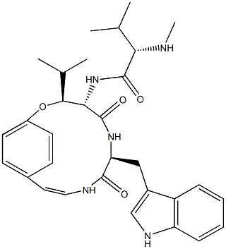(3R,4S,7S)-7β-[(1H-Indol-3-yl)methyl]-3α-isopropyl-4α-[(S)-3-methyl-2-(methylamino)butyrylamino]-2-oxa-6,9-diazabicyclo[10.2.2]hexadeca-10,12,14(1),15-tetrene-5,8-dione,18867-84-0,结构式