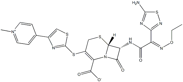 (6R,7R)-3-[4-(1-メチルピリジニウム-4-イル)チアゾール-2-イルチオ]-7-[[(Z)-エトキシイミノ](5-アミノ-1,2,4-チアジアゾール-3-イル)アセチルアミノ]セファム-3-エン-4-カルボキシラート 化学構造式
