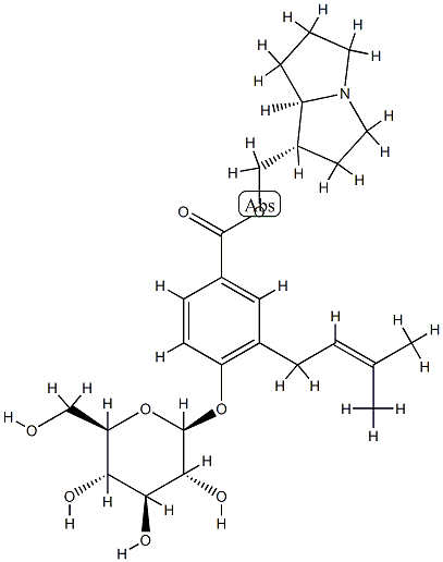 4-(β-D-グルコピラノシルオキシ)-3-(3-メチル-2-ブテニル)安息香酸[(4S,5R)-1-アザビシクロ[3.3.0]オクタン-4-イル]メチル 化学構造式