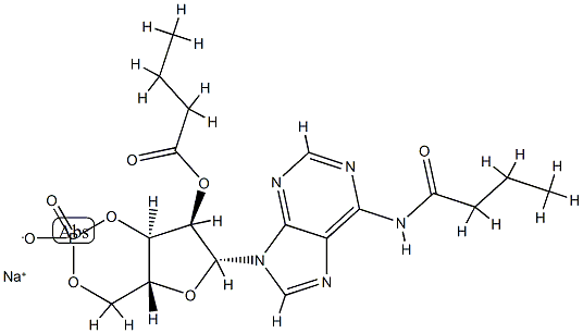 Adenosine, N-(1-oxobutyl)-, cyclic 3',5'-(hydrogen phosphate) 2'-butanoate, sodium salt Struktur