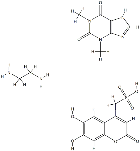 6,7-dihydroxy-2-oxo-2H-1-benzopyran-4-methanesulphonic acid, compound with 3,7-dihydro-1,3-dimethyl-1H-purine-2,6-dione ethane-1,2-diamine (1:1:2) 结构式