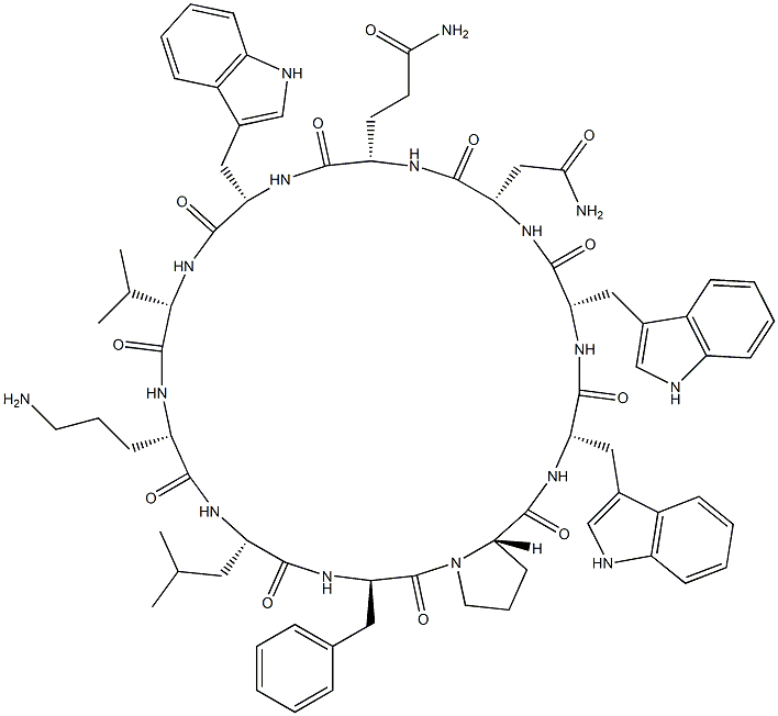 Cyclo(L-Asn-L-Gln-L-Trp-L-Val-L-Orn-L-Leu-D-Phe-L-Pro-L-Trp-L-Trp-) Struktur