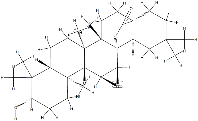 (+)-3β,13-ジヒドロキシ-11α,12α-エポキシオレアナン-28-酸28,13-ラクトン 化学構造式