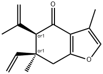 rac-6α*-エテニル-6,7-ジヒドロ-3,6-ジメチル-5α*-(1-メチルエテニル)ベンゾフラン-4(5H)-オン 化学構造式