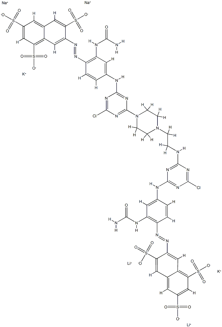 202667-43-4 1,3,6-Naphthalenetrisulfonic acid, 7-2-(aminocarbonyl)amino-4-4-4-2-4-3-(aminocarbonyl)amino-4-(3,6,8-trisulfo-2-naphthalenyl)azophenylamino-6-chloro-1,3,5-triazin-2-ylaminoethyl-1-piperazinyl-6-chloro-1,3,5-triazin-2-ylaminophenylazo-, lithium potassium 