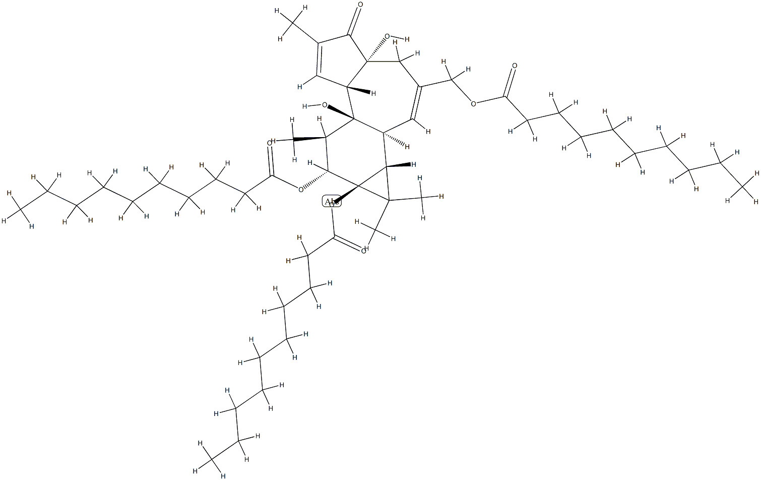 Bisdecanoic acid (1aR)-1aα,1bβ,4,4a,5,7aα,7b,8,9,9a-decahydro-3-(decanoyloxy)methyl-4aβ,7bα-dihydroxy-1,1,6,8α-tetramethyl-5-oxo-1H-cyclopropa[3,4]benz[1,2-e]azulene-9β,9aα-diyl ester,20963-94-4,结构式