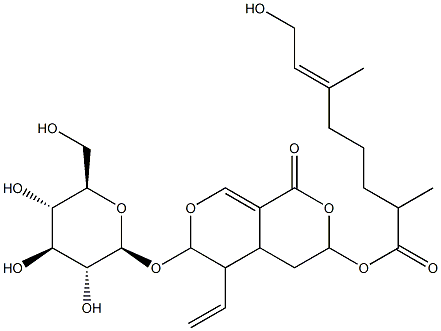 8-ヒドロキシ-2,6-ジメチル-6-オクテン酸5-エテニル-6-(β-D-グルコピラノシルオキシ)-4,4a,5,6-テトラヒドロ-1-オキソ-1H,3H-ピラノ[3,4-c]ピラン-3-イル 化学構造式