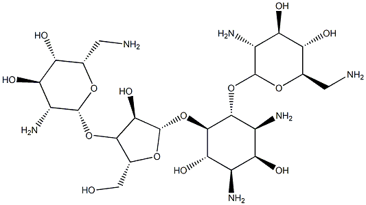 1,3-Diamino-4-O-(2,6-diamino-2,6-dideoxy-α-D-glucopyranosyl)-5-O-[3-O-(2,6-diamino-2,6-dideoxy-β-L-idopyranosyl)-β-D-ribofuranosyl]-1,3-dideoxy-D-myo-inositol,22332-08-7,结构式