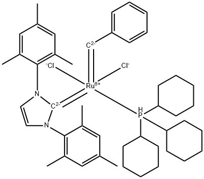 二氯[1,3-双(2,4,6-三甲基苯基)-2-咪唑](苄基)(三环己基膦)钌(II), 223415-64-3, 结构式