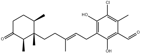 (+)-3-Chloro-4,6-dihydroxy-2-methyl-5-[(2E)-3-methyl-5-[(1S)-1,2β,6β-trimethyl-3-oxocyclohexane-1α-yl]-2-pentenyl]benzaldehyde,22562-67-0,结构式