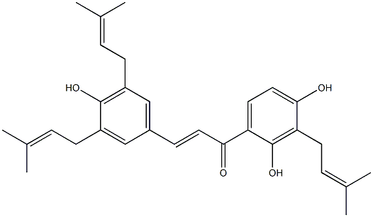 (E)-1-[2,4-ジヒドロキシ-3-(3-メチル-2-ブテニル)フェニル]-3-[4-ヒドロキシ-3,5-ビス(3-メチル-2-ブテニル)フェニル]-2-プロペン-1-オン 化学構造式