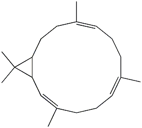 rel-(1R*,2E,6E,10E,14S*)-3,7,11,15,15-ペンタメチルビシクロ[12.1.0]ペンタデカ-2,6,10-トリエン 化学構造式