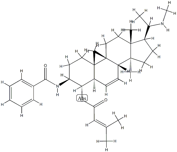 3-メチル-2-ブテン酸3β-ベンゾイルアミノ-14-メチル-20-メチルアミノ-9β,19-シクロ-5α-プレグナ-6-エン-4α-イル 化学構造式
